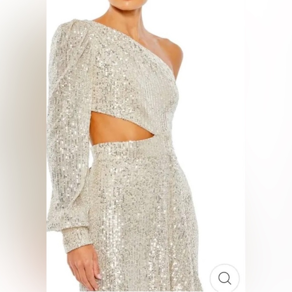 IEENA FOR MAC DUGGAL Silver Sequined One Shoulder Cut Out Gown size 12 - Picture 2 of 4
